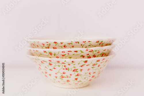 Closeup of three porcelain bowls