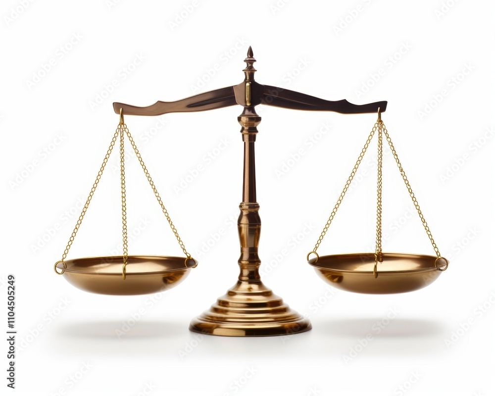 A polished bronze scale symbolizing justice, with equal bowls suspended on either side, set against a clean white background. A polished bronze scale symbolizing justice, with equal bowls suspended on either side, set against a clean white background.