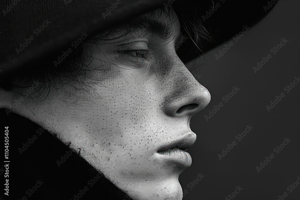 black and white portrait of a young man in profile. There is a close-up of his face, focusing on the texture of his skin and small details such as freckles and pores. black and white portrait of a young man in profile. There is a close-up of his face, focusing on the texture of his skin and small details such as freckles and pores.