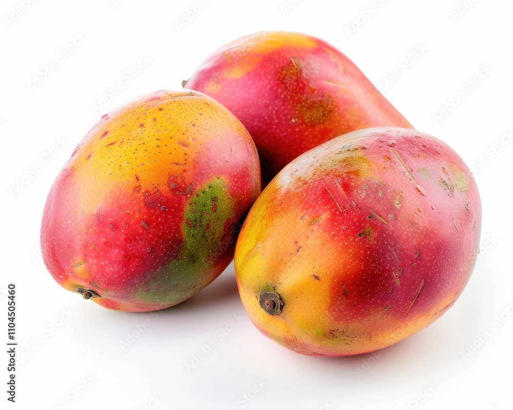 Three ripe mangoes with vibrant colors and a glossy surface, stacked together on a white background. Three ripe mangoes with vibrant colors and a glossy surface, stacked together on a white background.