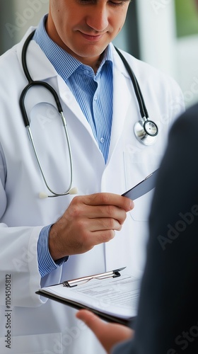 A doctor in a white coat explains health screening results to a man, focusing on prostate cancer awareness in a clean clinical setting photo