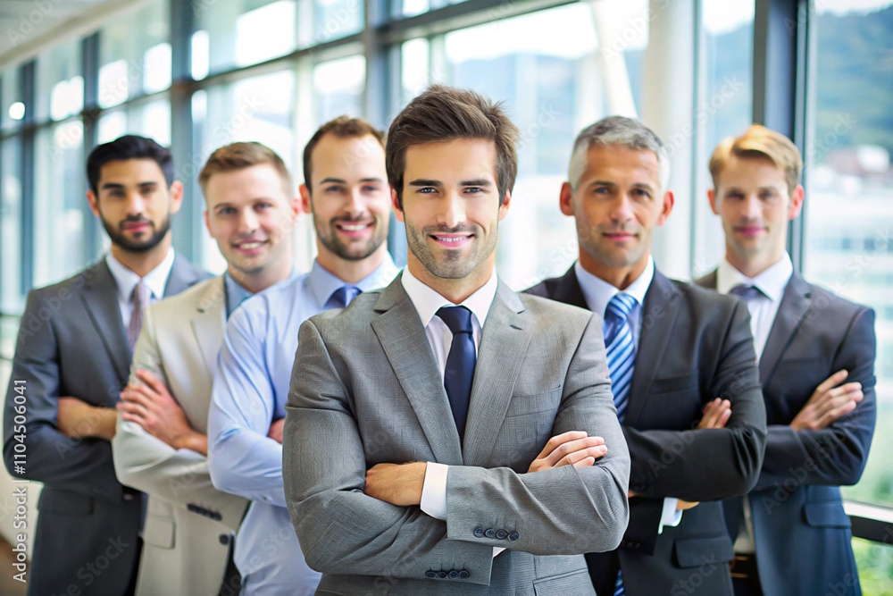 Confident diverse business team of six men in suits standing with arms crossed, smiling at the camera in a modern office. Confident diverse business team of six men in suits standing with arms crossed, smiling at the camera in a modern office.
