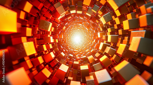 A digital rendering of a tunnel composed of glowing orange and red cubes. The perspective leads to a bright light source at the end, creating a dynamic, abstract effect. The image showcases 3D modelin photo