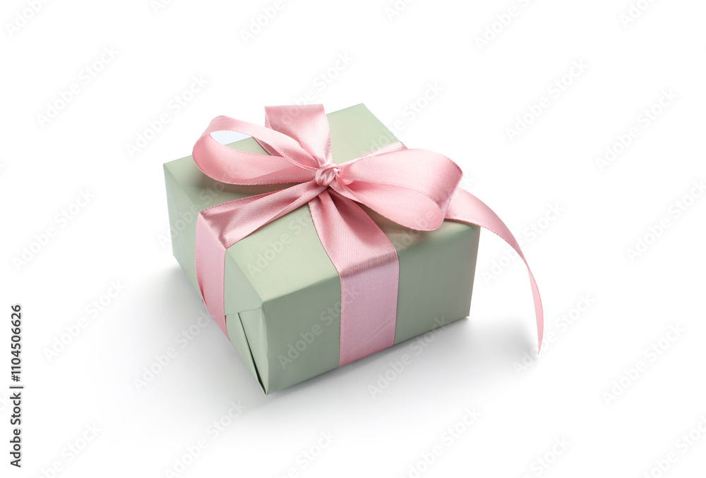 Beautiful gift box with pink bow isolated on white Beautiful gift box with pink bow isolated on white