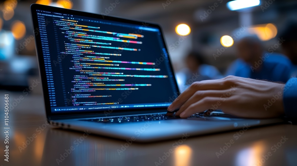 Close-up of a laptop screen displaying colorful coding software with blurred elderly students working in the background Close-up of a laptop screen displaying colorful coding software with blurred elderly students working in the background