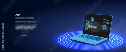 Modern laptop displaying interactive app design surrounded by digital elements and glowing circles.