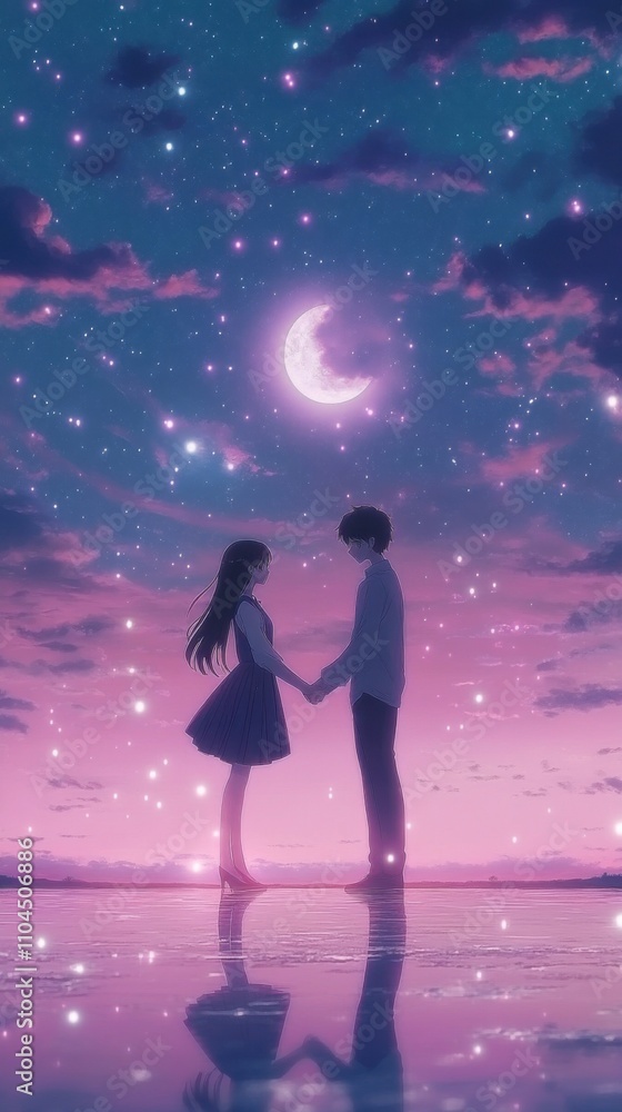 Anime couple holding hands under a starry sky, soft pink and blue hues, gentle moonlight, highly detailed sky and landscape Anime couple holding hands under a starry sky, soft pink and blue hues, gentle moonlight, highly detailed sky and landscape