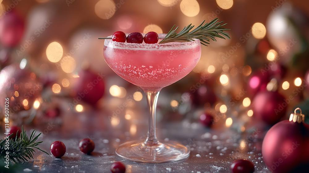 A pink cocktail garnished with cherries and rosemary, set against a blurred festive background with lights and ornaments A pink cocktail garnished with cherries and rosemary, set against a blurred festive background with lights and ornaments