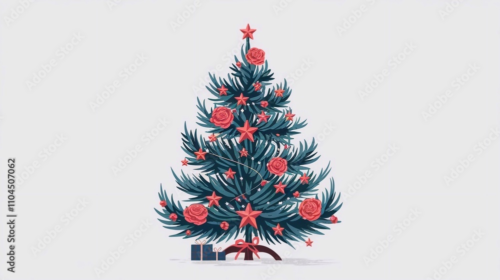 Glittering Christmas Tree on Red Background with Golden Ribbons and Sparkling Lights. Christmas and New Year festive card Glittering Christmas Tree on Red Background with Golden Ribbons and Sparkling Lights. Christmas and New Year festive card