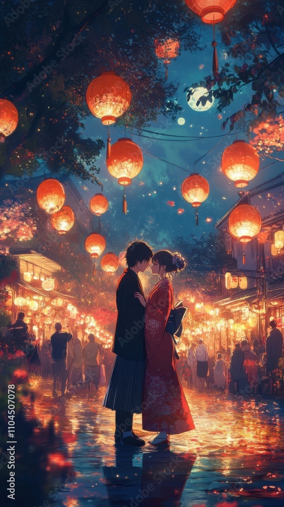 Fototapeta premium Anime couple on a date during a festival, colorful lanterns in the background, detailed traditional clothing, romantic atmosphere
