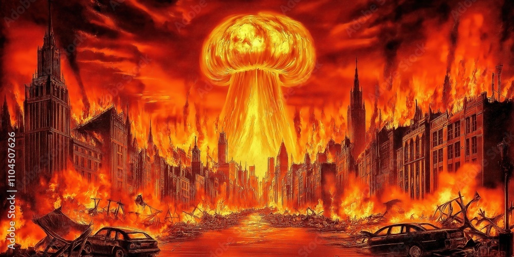Obraz premium Nuclear explosion destroying city with fire and cars