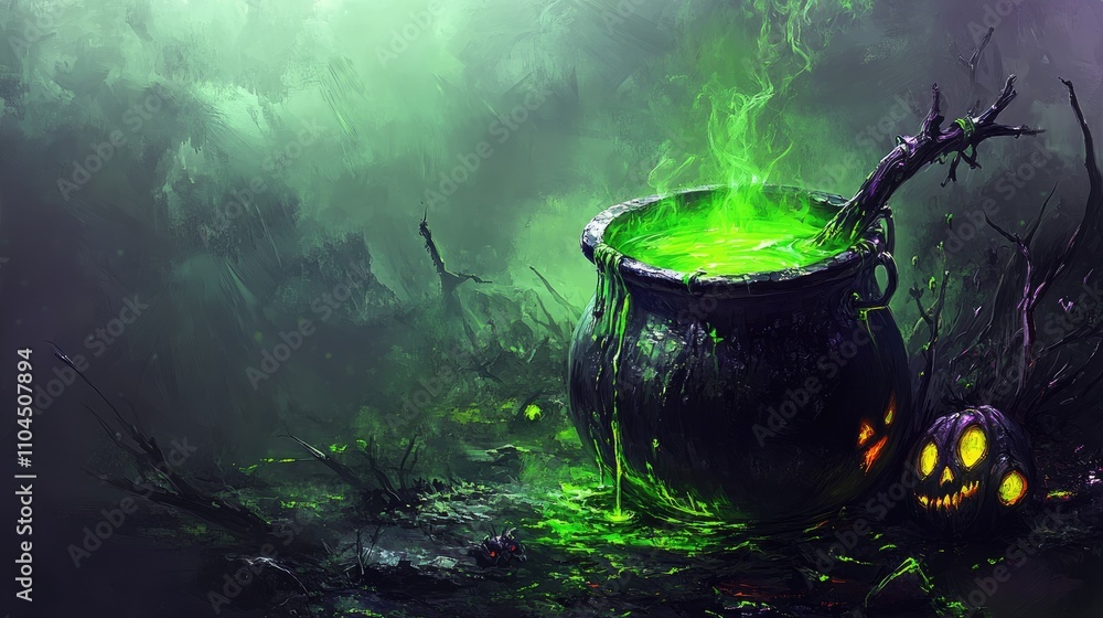 A cauldron of bubbling green potion sits in a spooky, misty forest with a carved pumpkin.