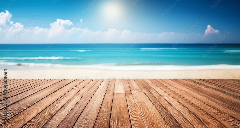 Summer tropical sea with waves, palm leaves and blue sky with clouds. Perfect vacation landscape with empty wooden table Summer tropical sea with waves, palm leaves and blue sky with clouds. Perfect vacation landscape with empty wooden table