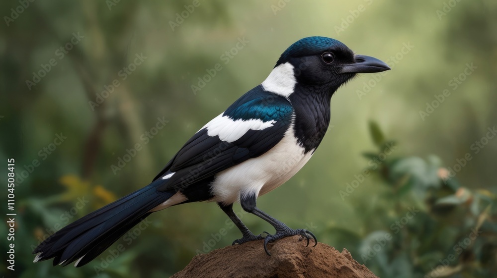Black-and-white bird perched on a mound, vibrant teal accents. Black-and-white bird perched on a mound, vibrant teal accents.