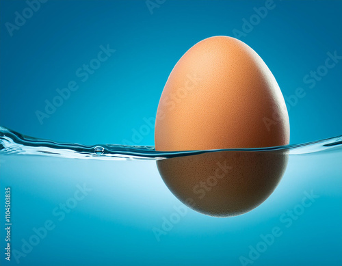 Egg submerged halfway in water, creating a distorted reflection, symbolizing perception