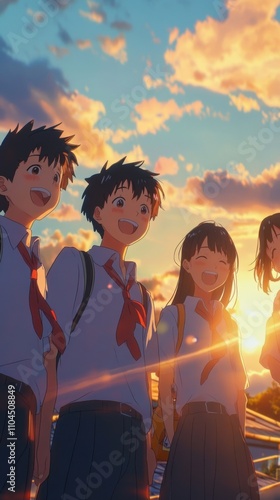 Anime friends laughing together on a school rooftop at sunset, detailed expressions and school uniform designs