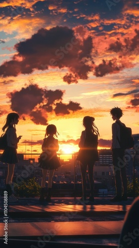 Anime friends laughing together on a school rooftop at sunset, detailed expressions and school uniform designs