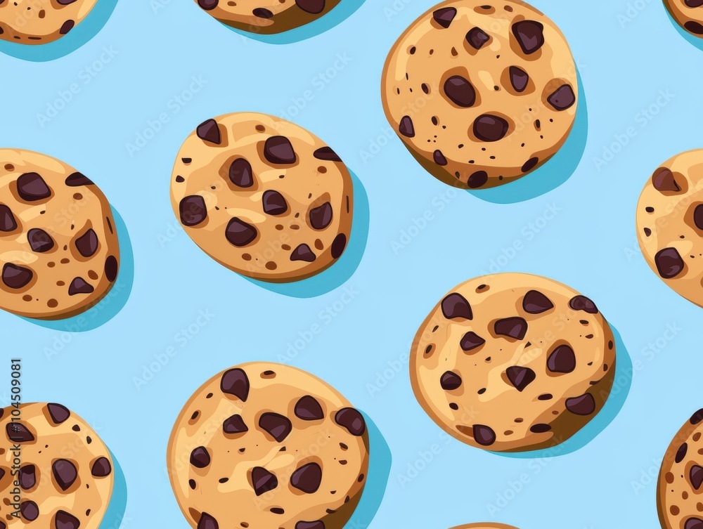 Chocolate chip cookies and oatmeal cookies arranged in a beautiful pattern, showcasing their texture, color, and detail. A delightful combination of sweet treats perfect for food photography, bakery p