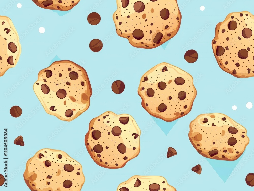 Chocolate chip cookies and oatmeal cookies arranged in a beautiful pattern, showcasing their texture, color, and detail. A delightful combination of sweet treats perfect for food photography.