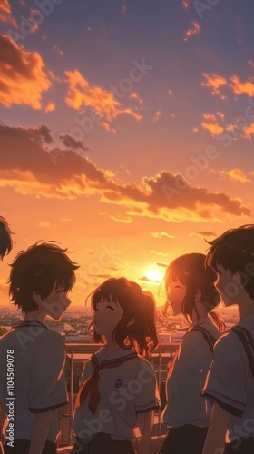 Anime friends laughing together on a school rooftop at sunset, detailed expressions and school uniform designs