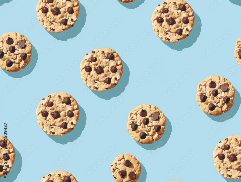 Chocolate chip cookies and oatmeal cookies arranged in a beautiful pattern, showcasing their texture, color, and detail. A delightful combination of sweet treats perfect for food photography, bakery p Chocolate chip cookies and oatmeal cookies arranged in a beautiful pattern, showcasing their texture, color, and detail. A delightful combination of sweet treats perfect for food photography, bakery p