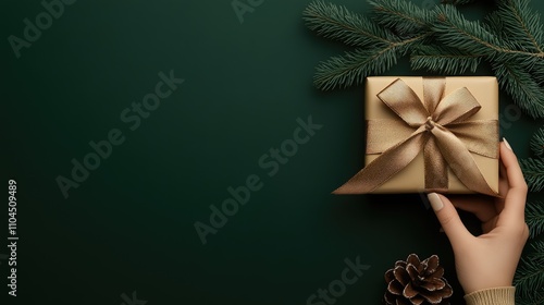 Beautifully arranged Christmas gift with a golden ribbon, framed by pine branches on a serene dark green backdrop, ideal for holiday designs