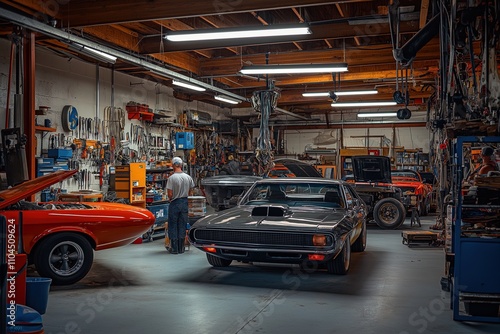 Mechanics hard at work in a bustling automotive workshop