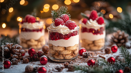 Minimalistic stock photo of layered Christmas desserts in glass jars topped with raspberries and cream, surrounded by festive decorations