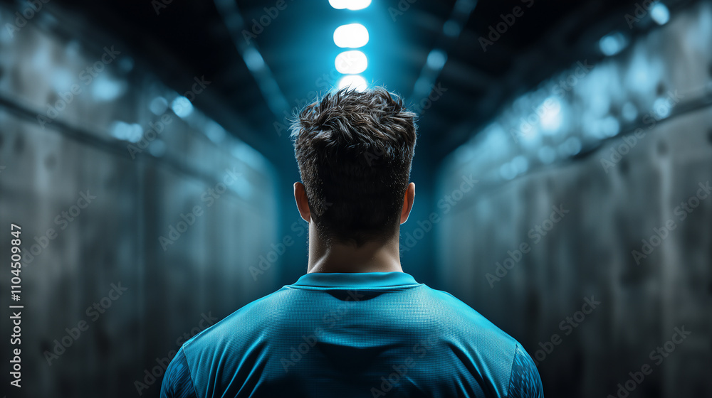 Athlete walking through a lit tunnel, back view, sports arena entrance, professional competition, anticipation, focus, sportsmanship, copy space for text Athlete walking through a lit tunnel, back view, sports arena entrance, professional competition, anticipation, focus, sportsmanship, copy space for text