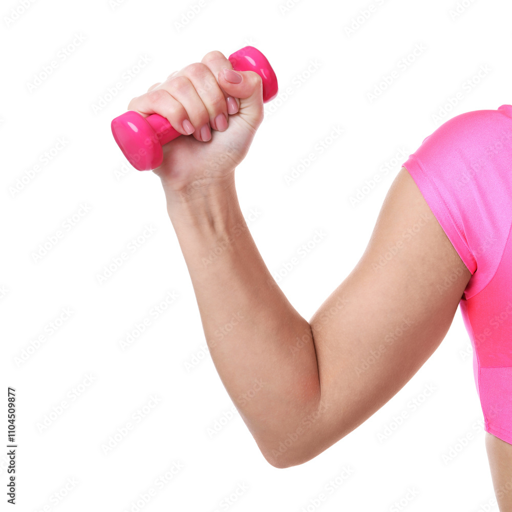 Woman exercising with dumbbell on white background, closeup Woman exercising with dumbbell on white background, closeup