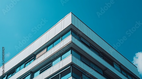 Modern white building corner against a vibrant blue sky.