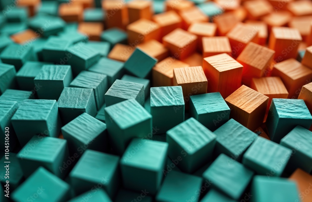 Abstract illustration of small wooden cubes in teal, orange shades. Geometric shapes create textured background. Visual elements suggest concept of balance, contrast between colors, forms. Ideal for Abstract illustration of small wooden cubes in teal, orange shades. Geometric shapes create textured background. Visual elements suggest concept of balance, contrast between colors, forms. Ideal for