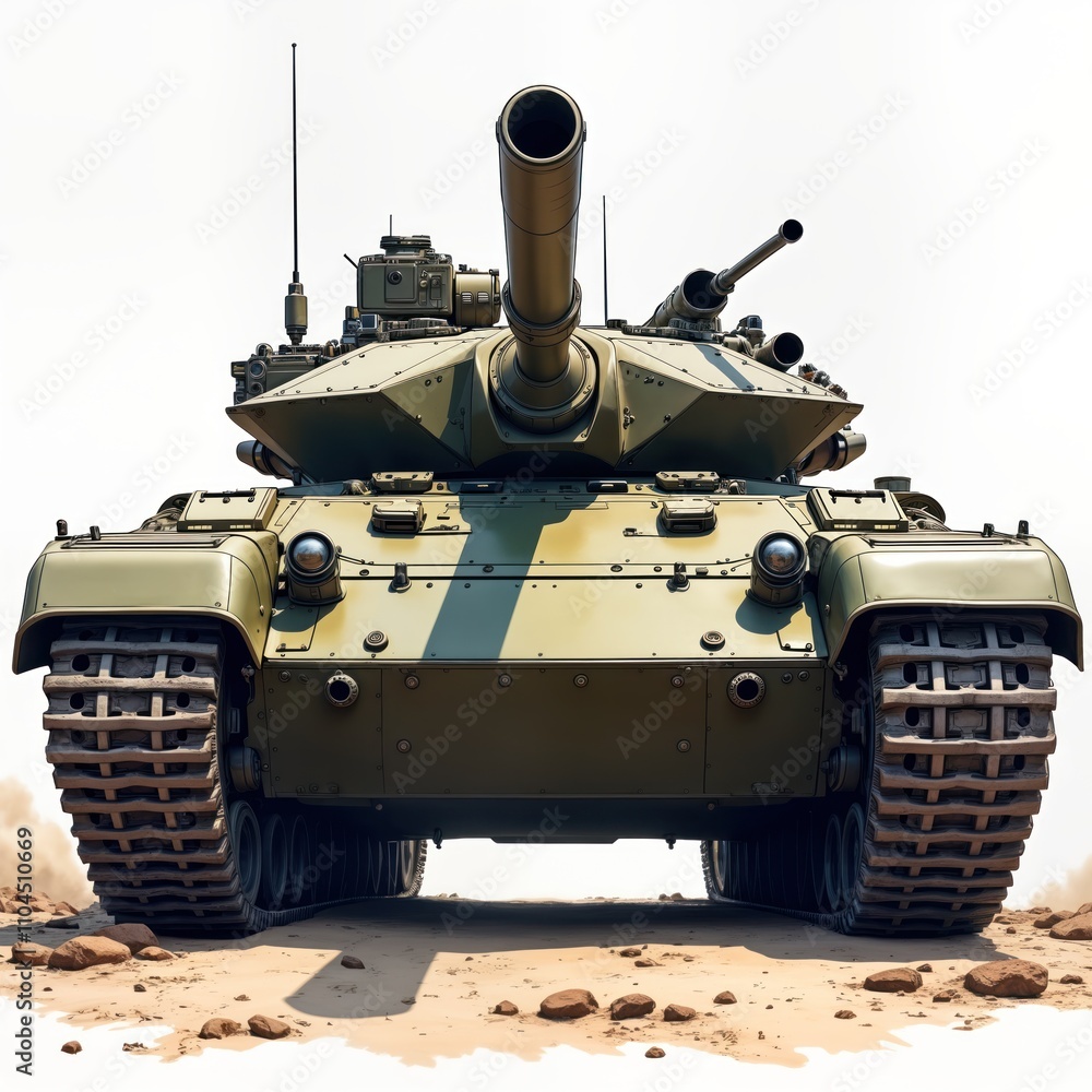 Powerful military tank. Front view. Armored combat vehicle. Large cannon, rugged tracks. Ready for combat. On sandy battlefield. Modern military machinery. Strong defense system. Tactical position. Powerful military tank. Front view. Armored combat vehicle. Large cannon, rugged tracks. Ready for combat. On sandy battlefield. Modern military machinery. Strong defense system. Tactical position.