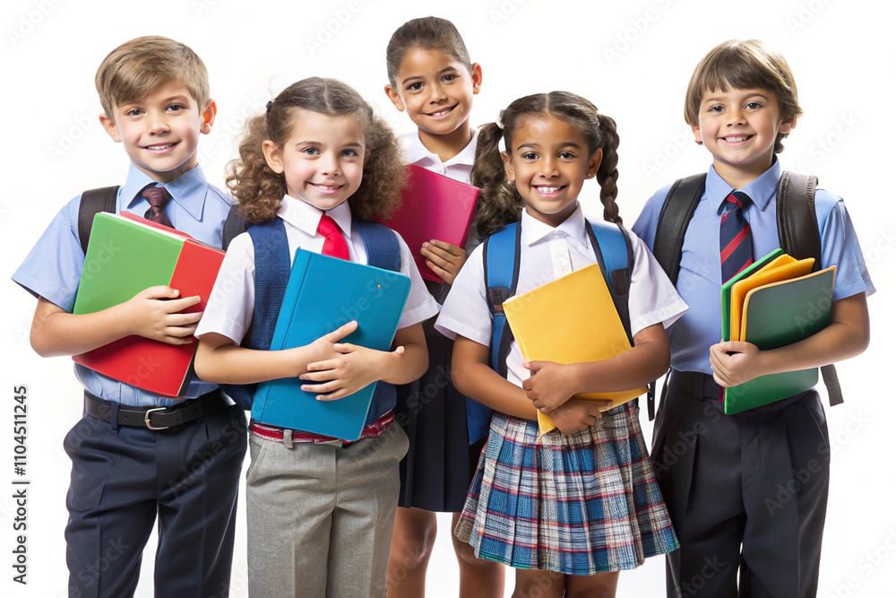 Happy diverse schoolchildren in uniform holding books against white background. Happy diverse schoolchildren in uniform holding books against white background.