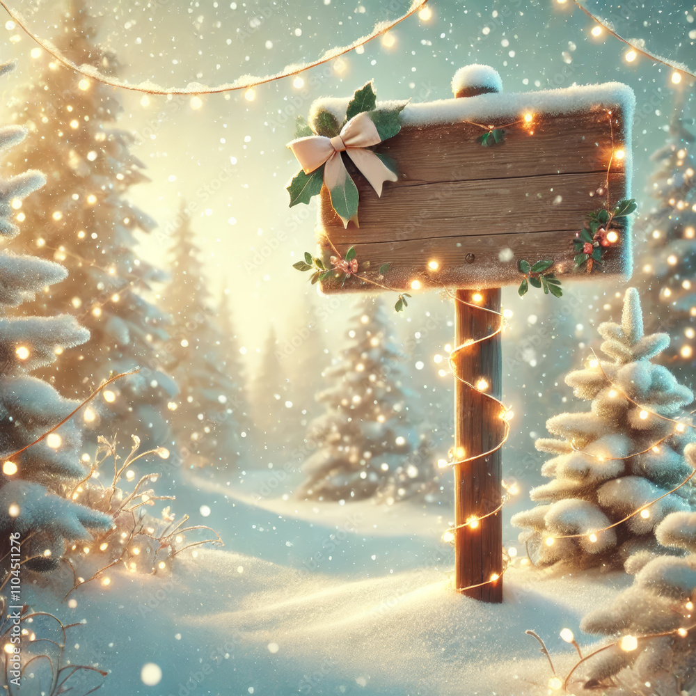 A beautiful Christmas-themed image in light pastel tones, featuring a snowy forest with softly glowing fairy lights wrapped around trees