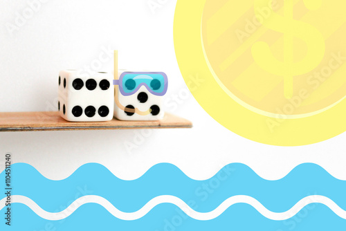 Photography illustration of dice metaphor age 65 retirement planning backdrop with snorkle a