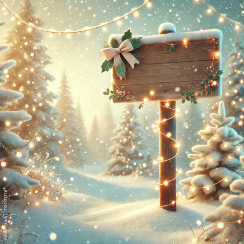 Obraz na płótnie A beautiful Christmas-themed image in light pastel tones, featuring a snowy forest with softly glowing fairy lights wrapped around trees w salonie