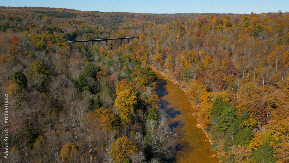Aerial view of historic railroad bridge crossing a river valley Aerial view of historic railroad bridge crossing a river valley