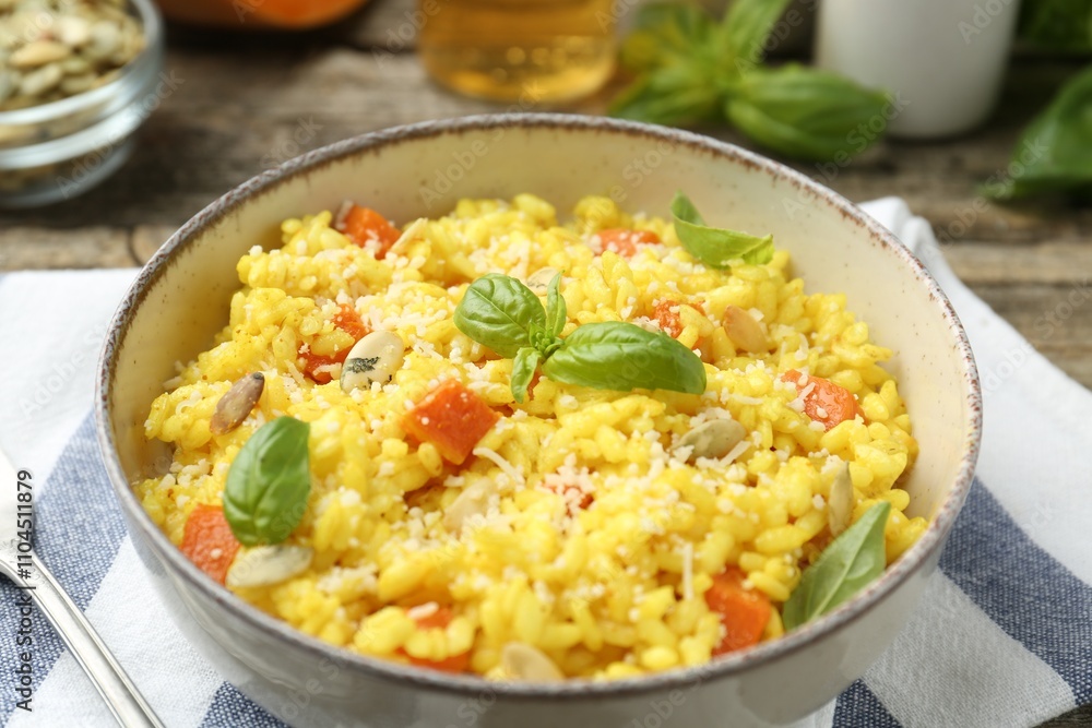 Delicious pumpkin risotto served on table, closeup Delicious pumpkin risotto served on table, closeup