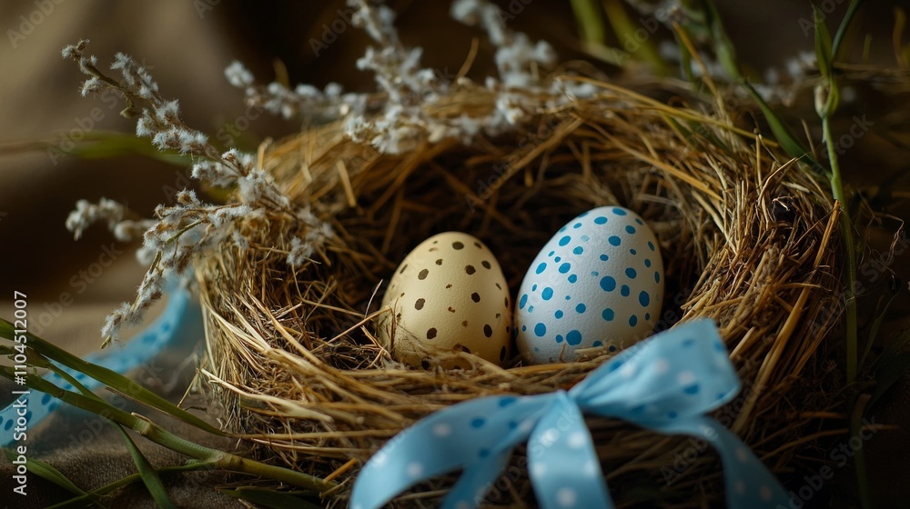 Easter eggs in nest with willow & ribbon Easter eggs in nest with willow & ribbon