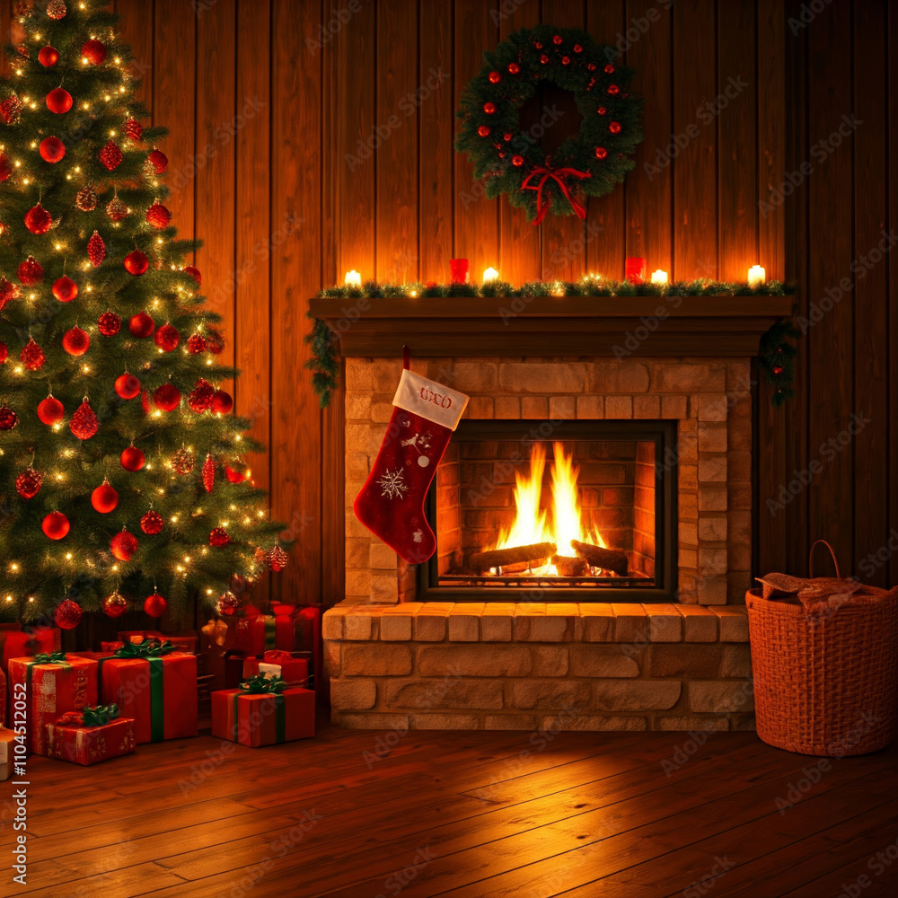 Warm christmas eve atmosphere in a cozy decorated living room with fireplace