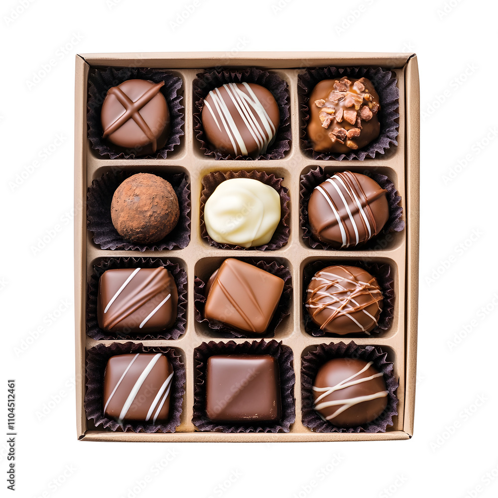 Gift craft box with chocolate candies isolated on white background, top view. Gift craft box with chocolate candies isolated on white background, top view.