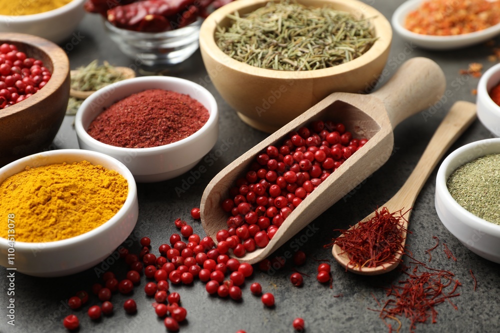 Different aromatic spices on grey table, closeup Different aromatic spices on grey table, closeup