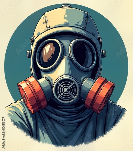 Person wears protective gas mask. Person looks serious, faces danger. Safety equipment for contaminated air. Illustration shows protection against toxic substances, hazardous environments. photo