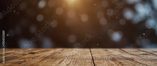 Empty wooden surface on blurred abstract winter background with bokeh and sunlight. Narrow banner with copy space. Template showcase scene for display, montage, advertising product.