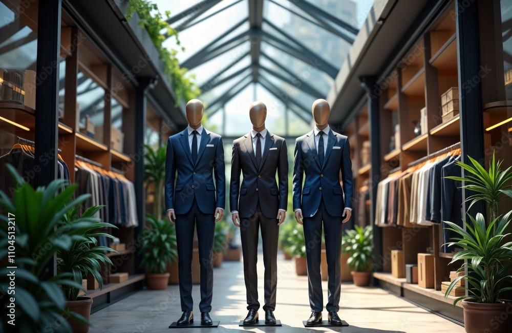 Three mannequins display elegant men suits in stylish store. Natural light streams into modern shop. Plants add touch of nature to sophisticated interior. Store refined design with wooden shelves, Three mannequins display elegant men suits in stylish store. Natural light streams into modern shop. Plants add touch of nature to sophisticated interior. Store refined design with wooden shelves,