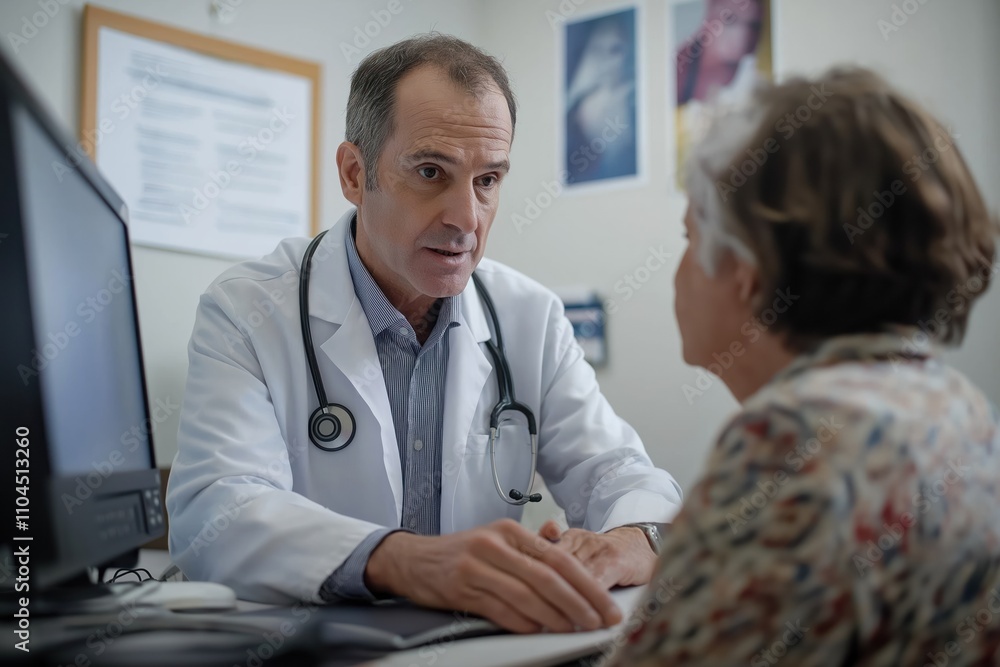 Fototapeta premium Mature doctor consults elderly patient in clinic. Doctor, senior woman conversation. Medical consultation in hospital setting. Pro consultation. Focused care in healthcare environment. Serious