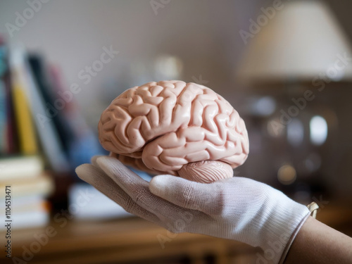 Manos con guantes sosteniendo un modelo del cerebro humano photo