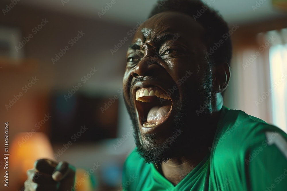 Black man sits in front of TV wearing green jersey, expressing enthusiasm, passion. Large mouth, beard add to energetic presence. Warm indoor creates high-energy atmosphere, perfect for sports fan Black man sits in front of TV wearing green jersey, expressing enthusiasm, passion. Large mouth, beard add to energetic presence. Warm indoor creates high-energy atmosphere, perfect for sports fan