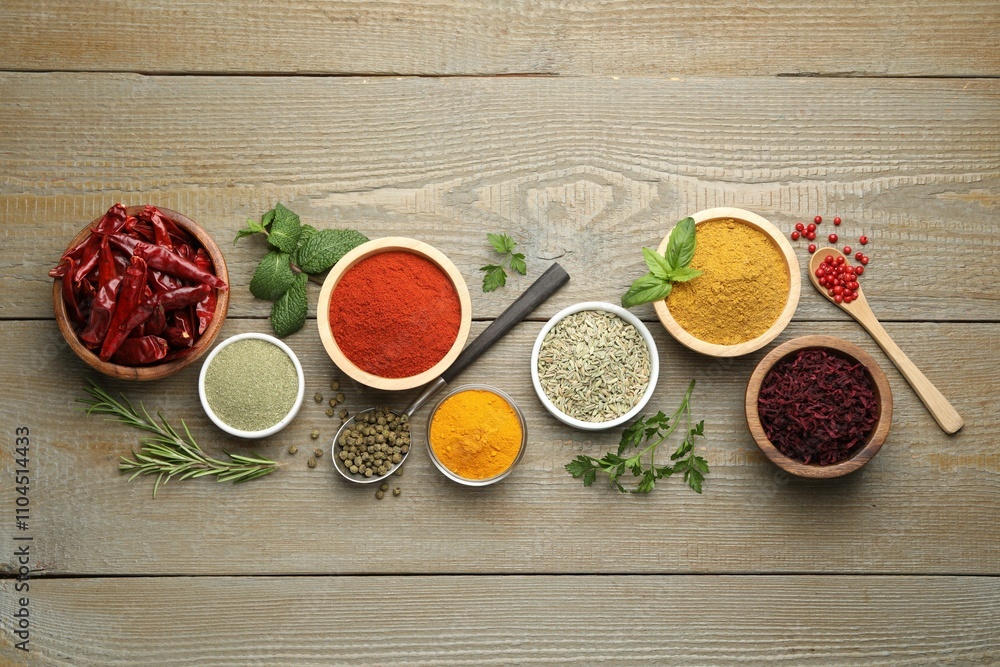 Different aromatic spices on wooden table, flat lay Different aromatic spices on wooden table, flat lay